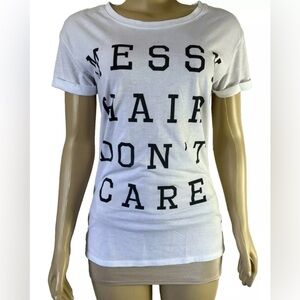 Awake Women White Shirt Messy Hair Don’t Care Print Top  Short Casual Sleeve M